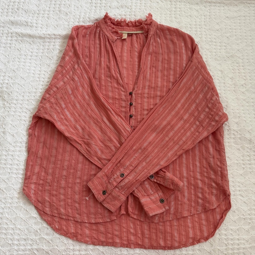 Pilcro Cotton Striped Button Down Blouse with Ruffle Collar Coral Size M